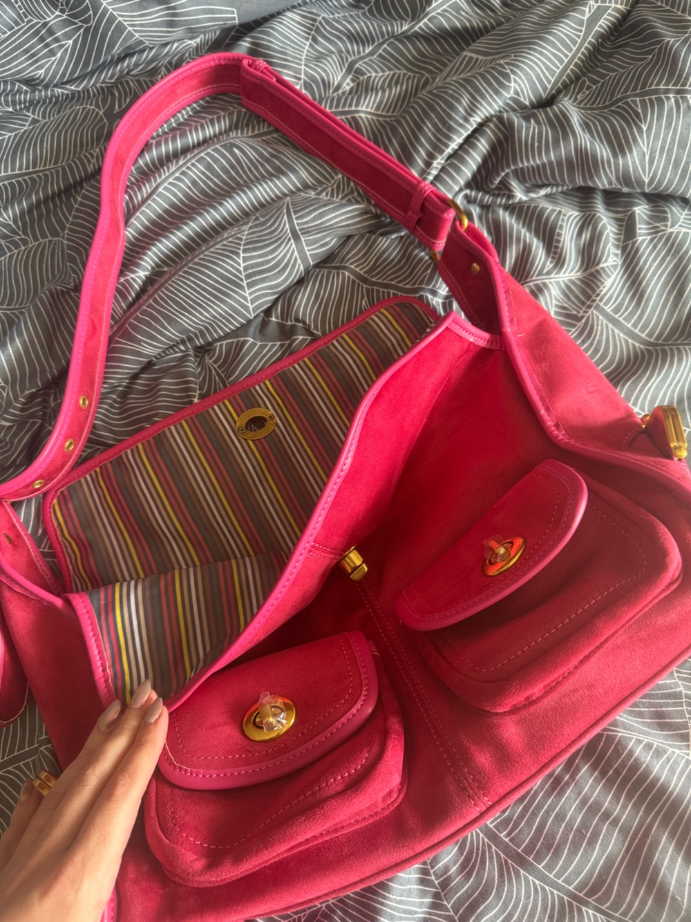 Fuchsia Pink Twin Pocket Turn-Lock Shoulder Bag with Gold Hardware